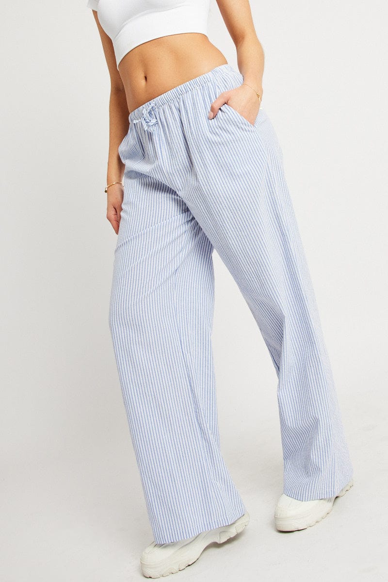 Blue Stripe Wide Leg Pants High Rise for Ally Fashion