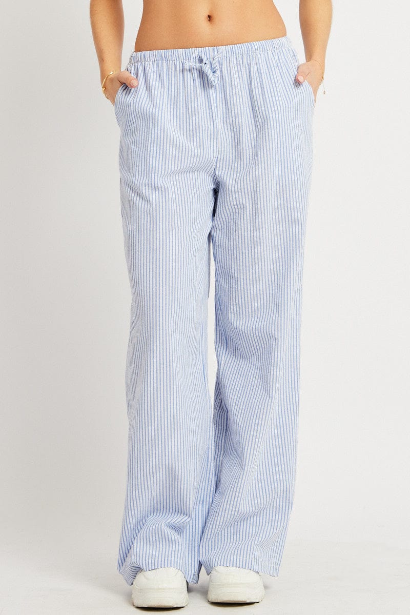 Blue Stripe Wide Leg Pants High Rise for Ally Fashion