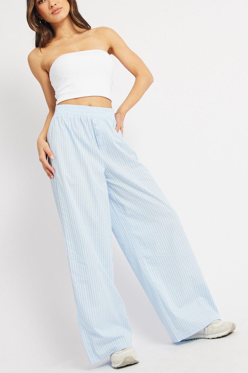 Blue Stripe Wide Leg Pants Elasticated Waist for Ally Fashion