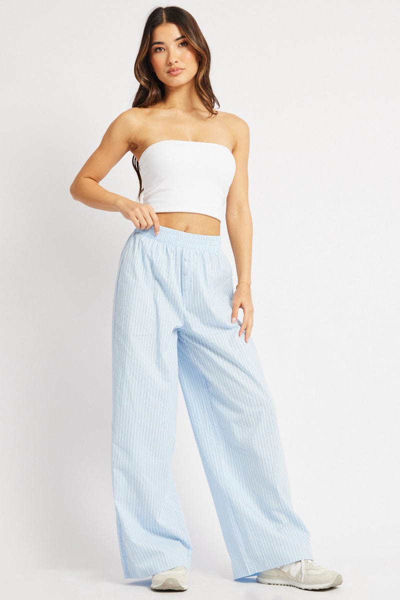 Blue Stripe Wide Leg Pants Elasticated Waist for Ally Fashion