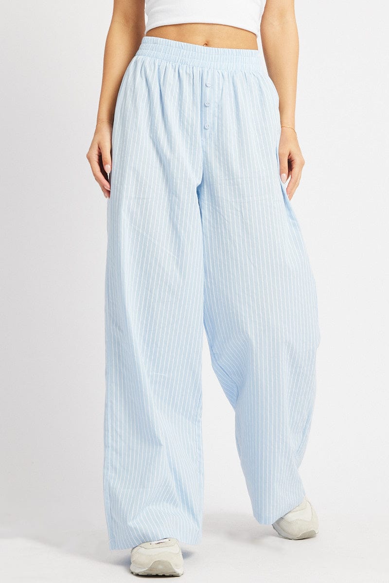 Blue Stripe Wide Leg Pants Elasticated Waist for Ally Fashion