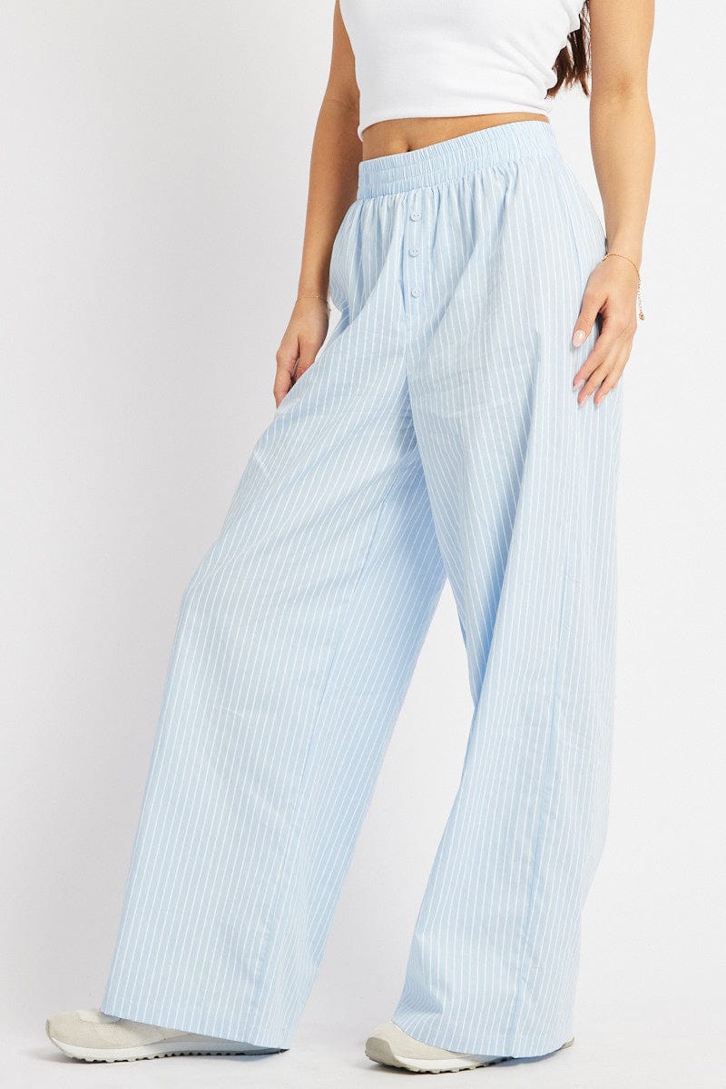 Blue Stripe Wide Leg Pants Elasticated Waist for Ally Fashion