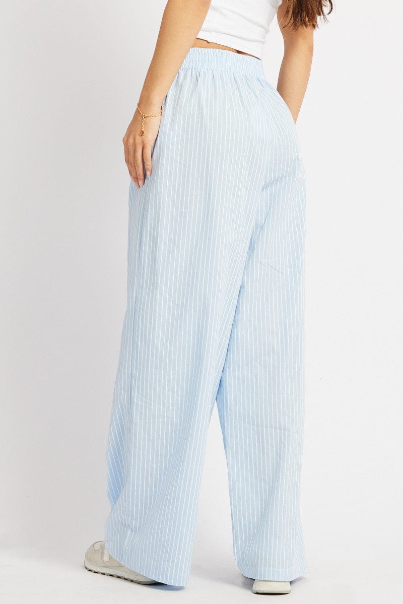 Blue Stripe Wide Leg Pants Elasticated Waist for Ally Fashion