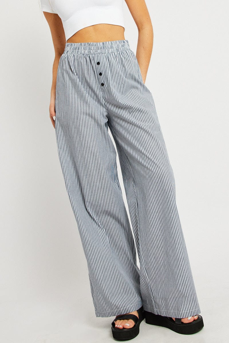 Black Stripe Wide Leg Pants Elasticated Waist for Ally Fashion