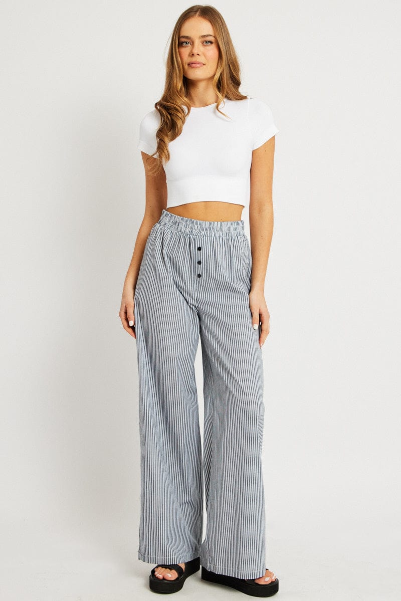 Black Stripe Wide Leg Pants Elasticated Waist for Ally Fashion