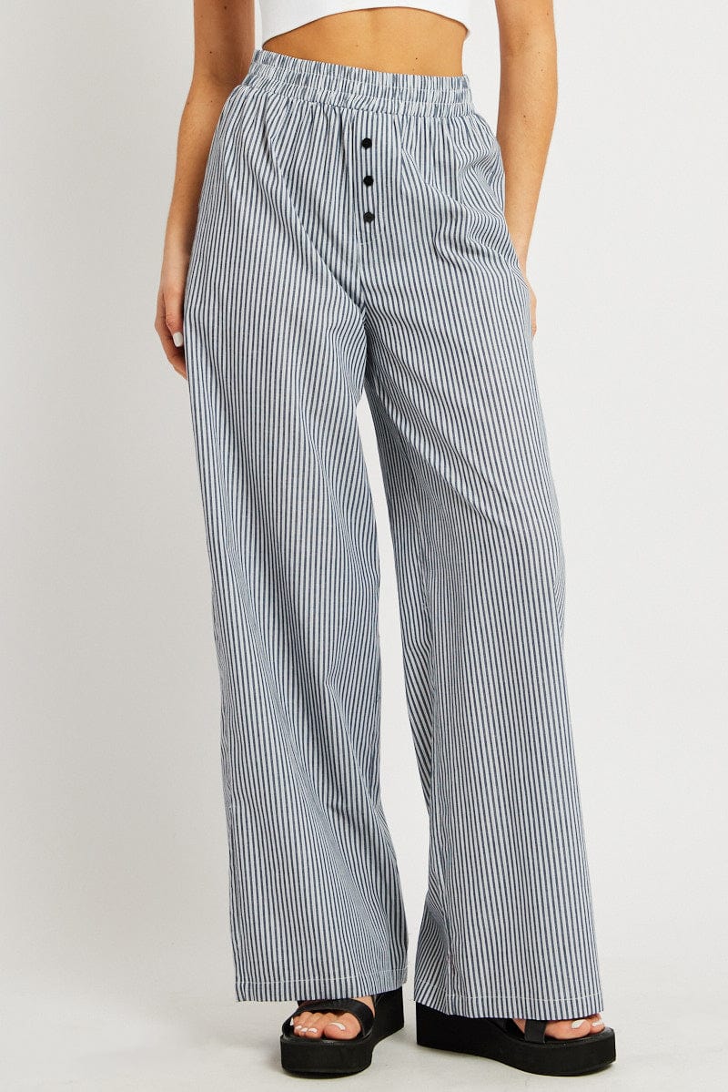 Black Stripe Wide Leg Pants Elasticated Waist for Ally Fashion