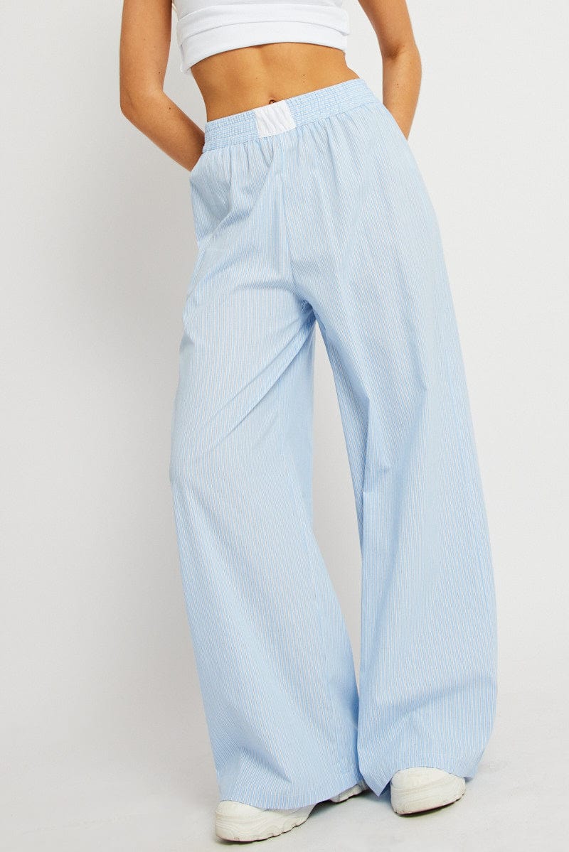 Blue Stripe Wide Leg Pants High Rise for Ally Fashion