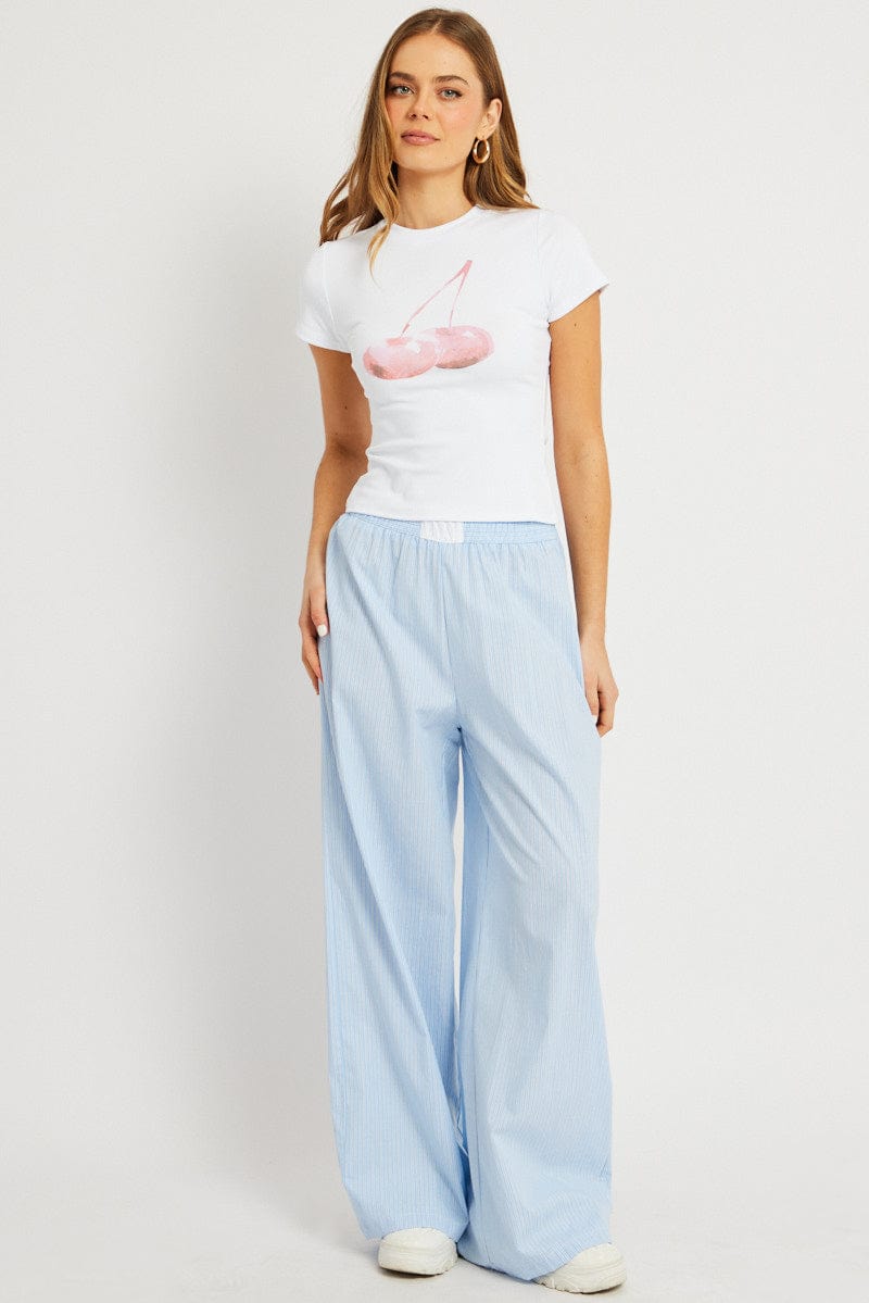 Blue Stripe Wide Leg Pants High Rise for Ally Fashion