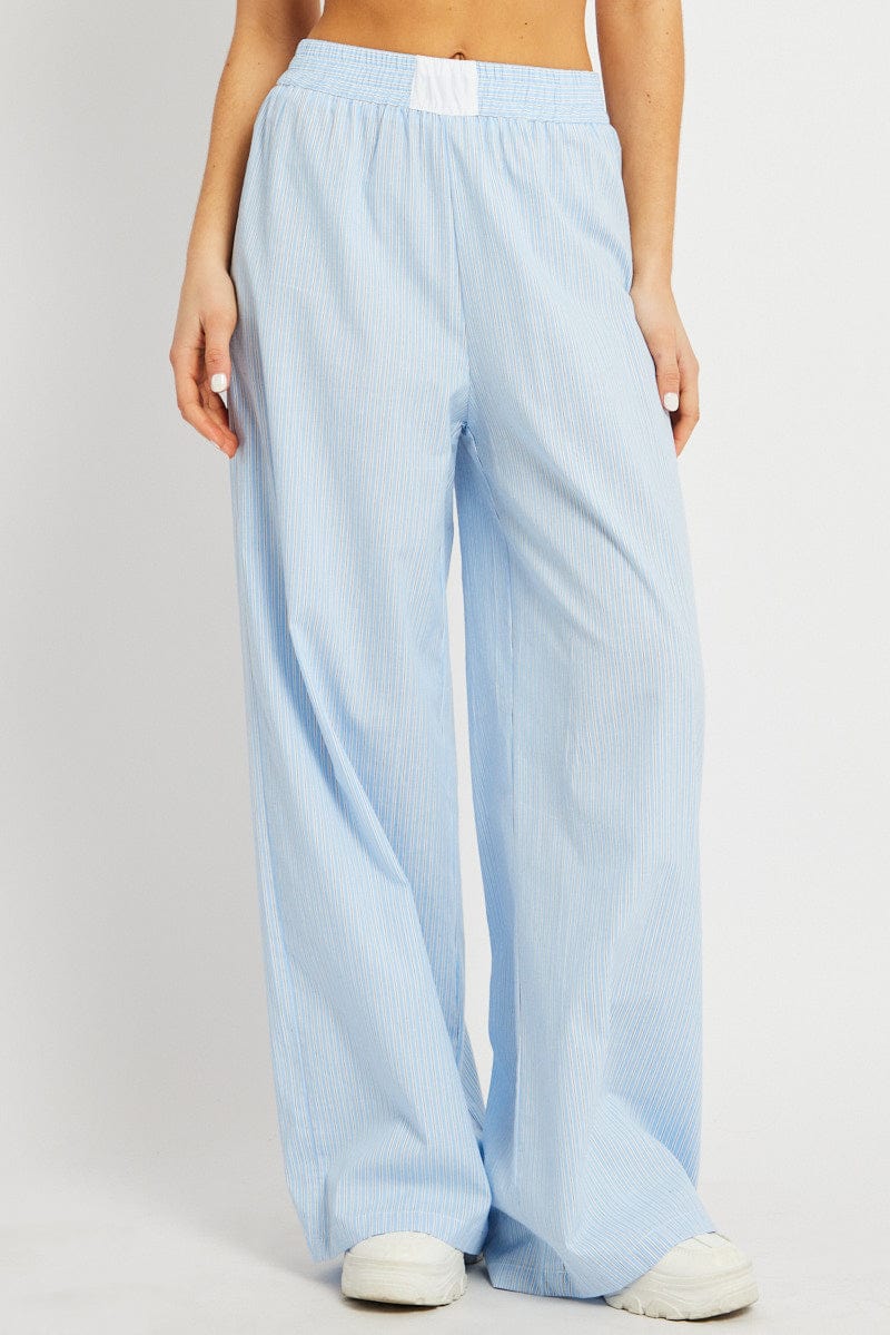 Blue Stripe Wide Leg Pants High Rise for Ally Fashion