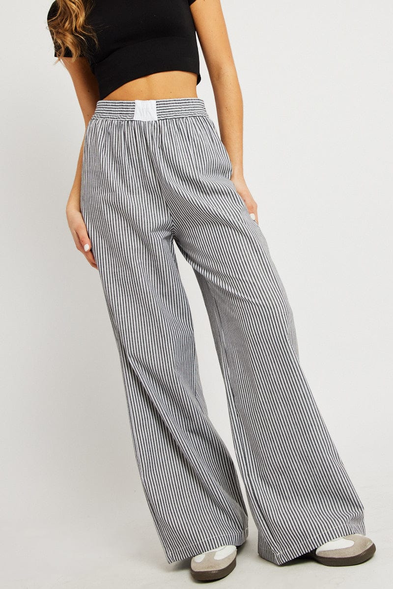 Grey Stripe Wide Leg Pants High Rise for Ally Fashion