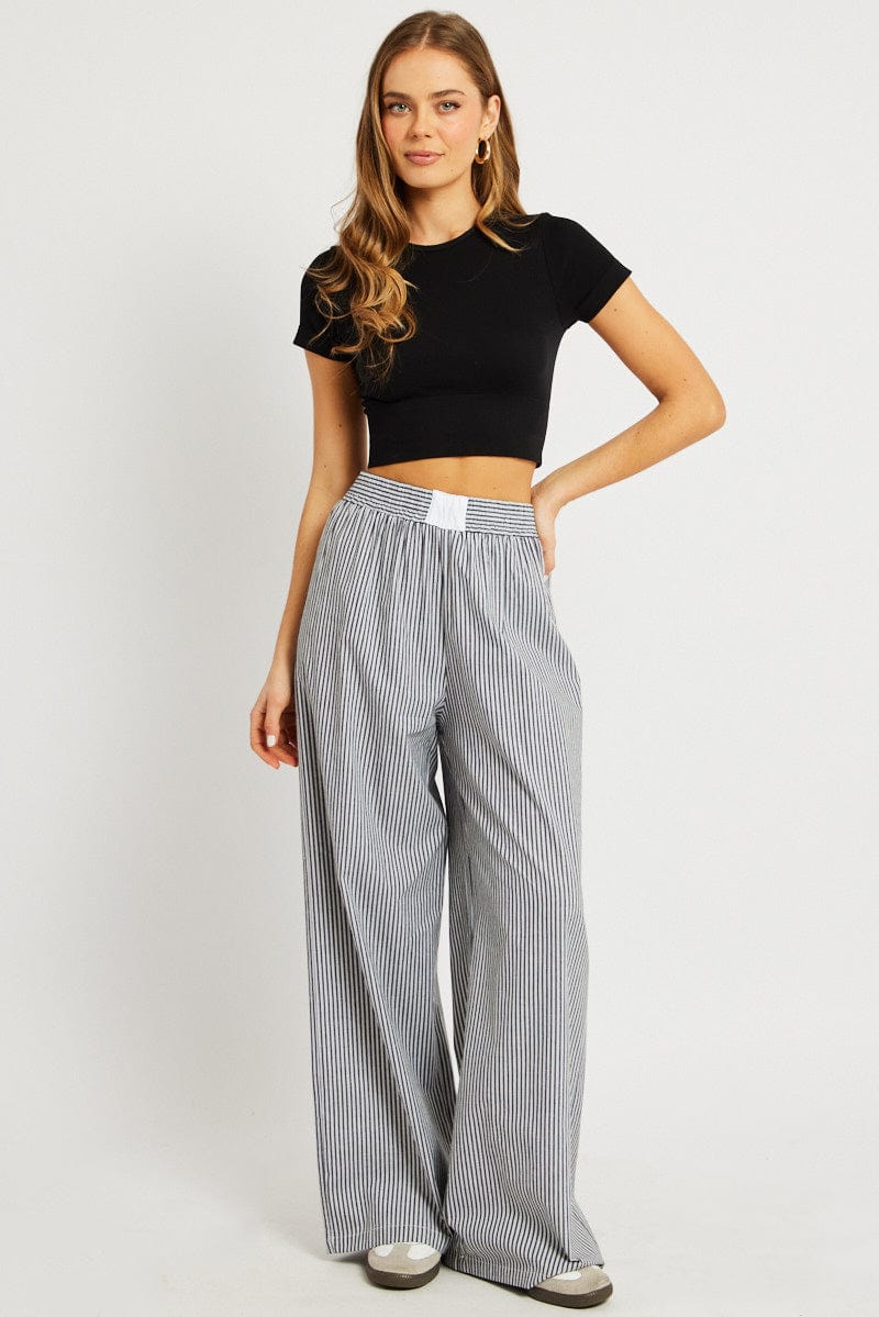 Grey Stripe Wide Leg Pants High Rise for Ally Fashion