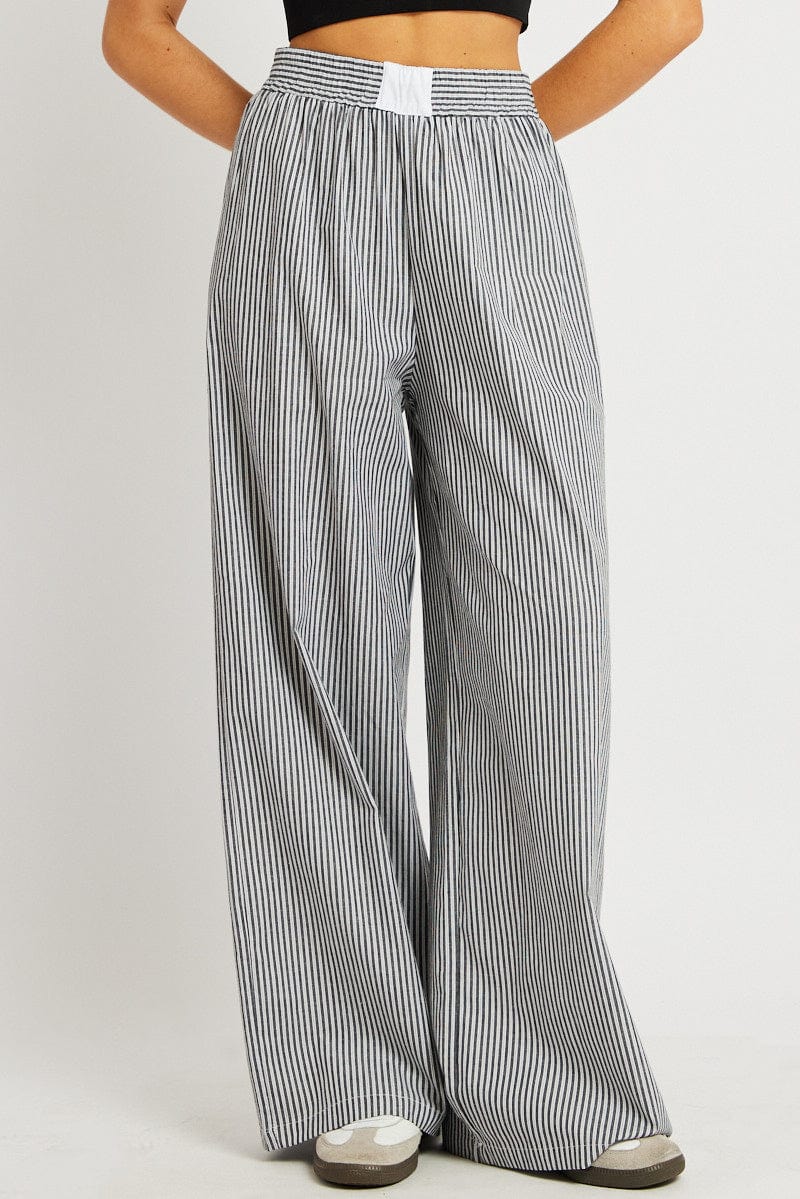 Grey Stripe Wide Leg Pants High Rise for Ally Fashion