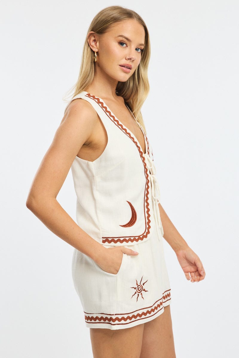 White Shorts Elasticated Waist Embroidery for Ally Fashion
