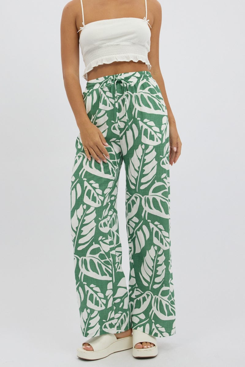 Green Abstract Wide Leg Pants Elasticated Waist | Ally Fashion
