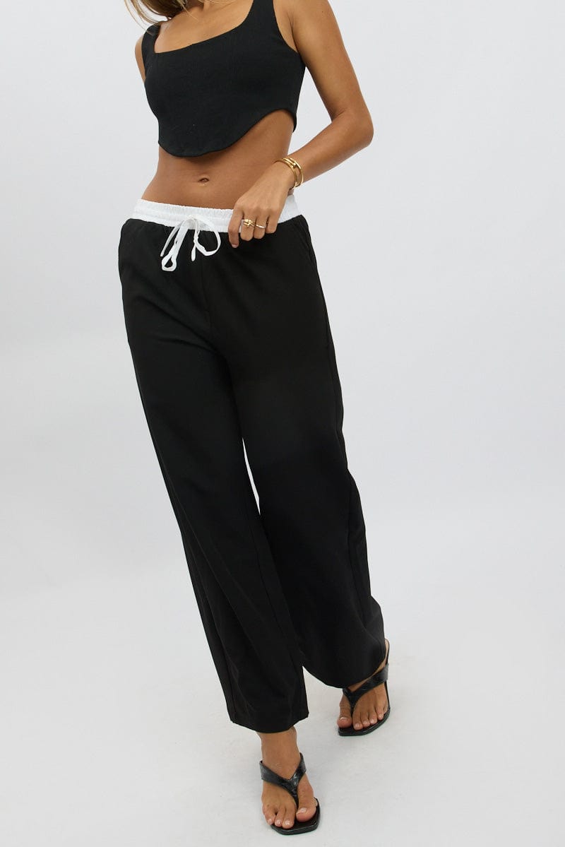 Black Wide Leg Pants Elasticated Contrast Waist for Ally Fashion