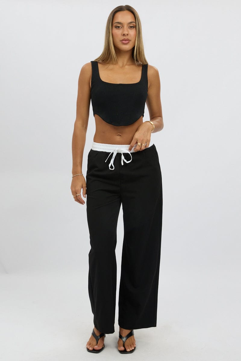 Black Wide Leg Pants Elasticated Contrast Waist for Ally Fashion