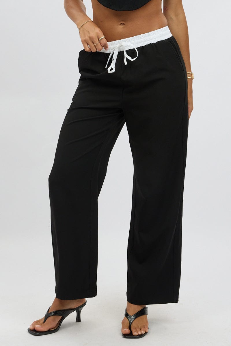 Black Wide Leg Pants Elasticated Contrast Waist for Ally Fashion