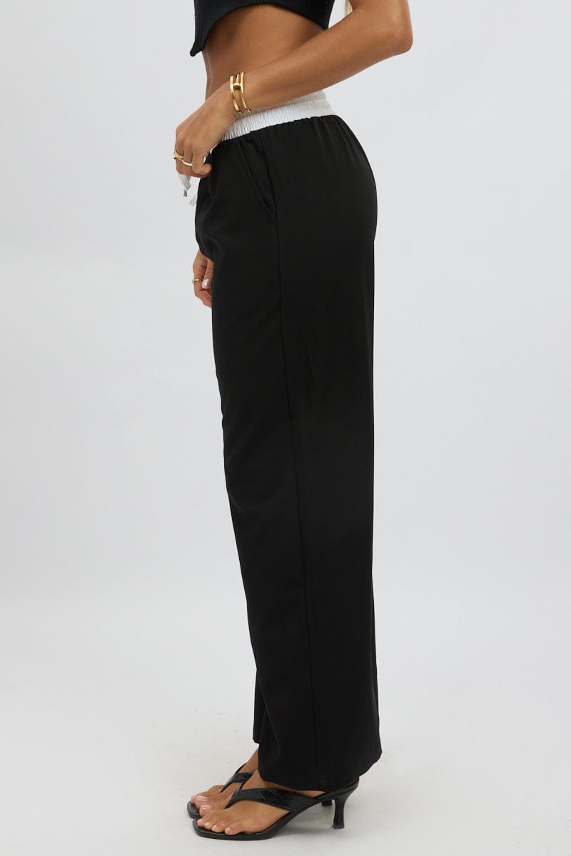 Black Wide Leg Pants Elasticated Contrast Waist for Ally Fashion