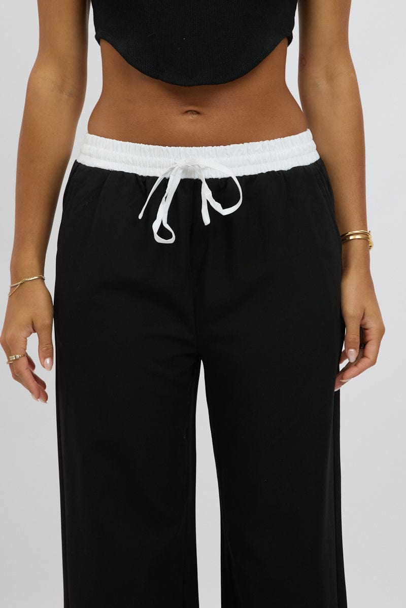 Black Wide Leg Pants Elasticated Contrast Waist for Ally Fashion