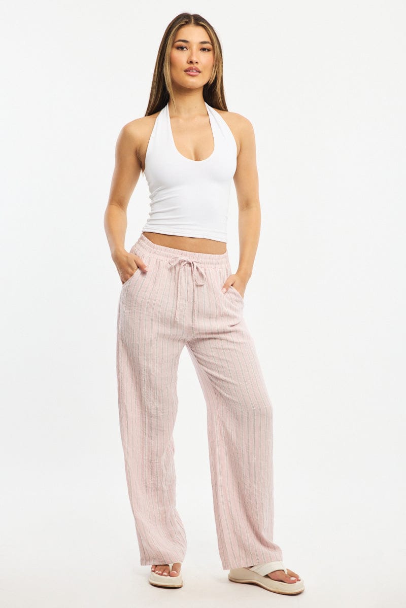 Pink Stripe Wide Leg Pants Elasticated Waist for Ally Fashion
