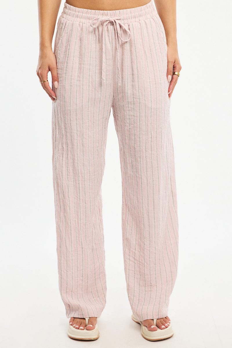 Pink Stripe Wide Leg Pants Elasticated Waist for Ally Fashion