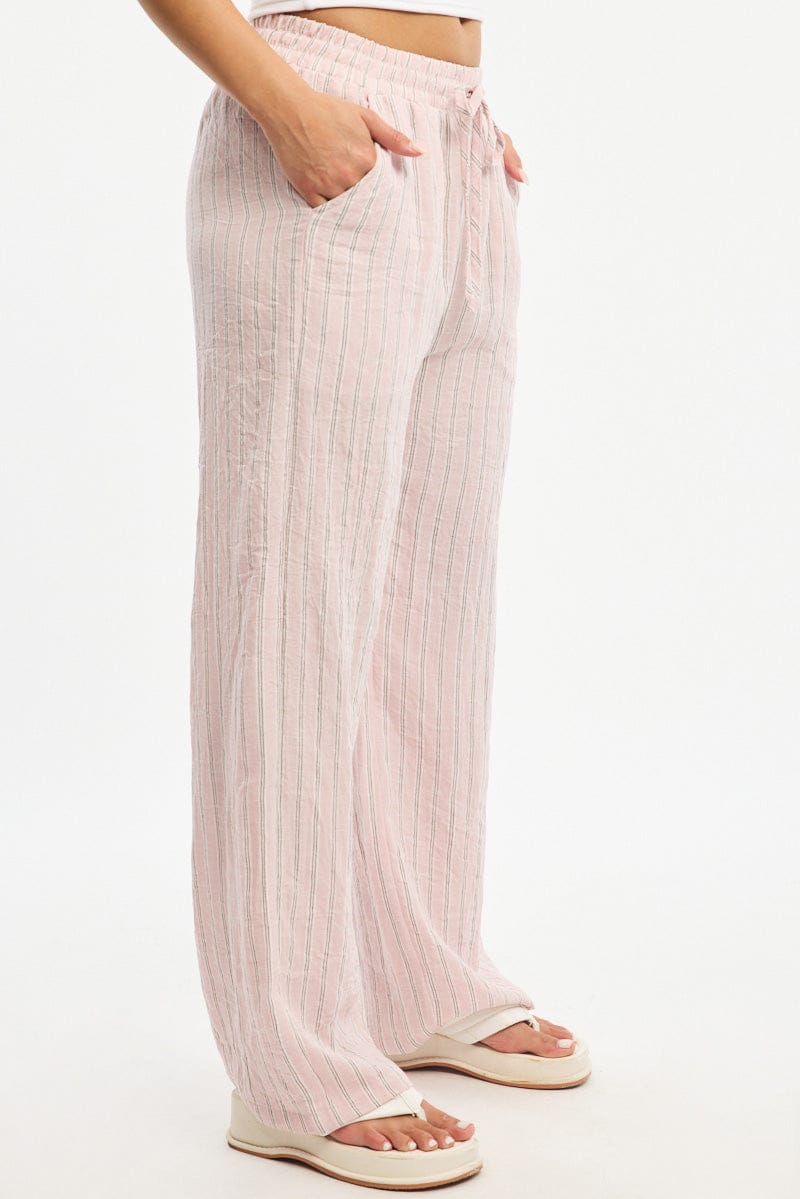 Pink Stripe Wide Leg Pants Elasticated Waist for Ally Fashion