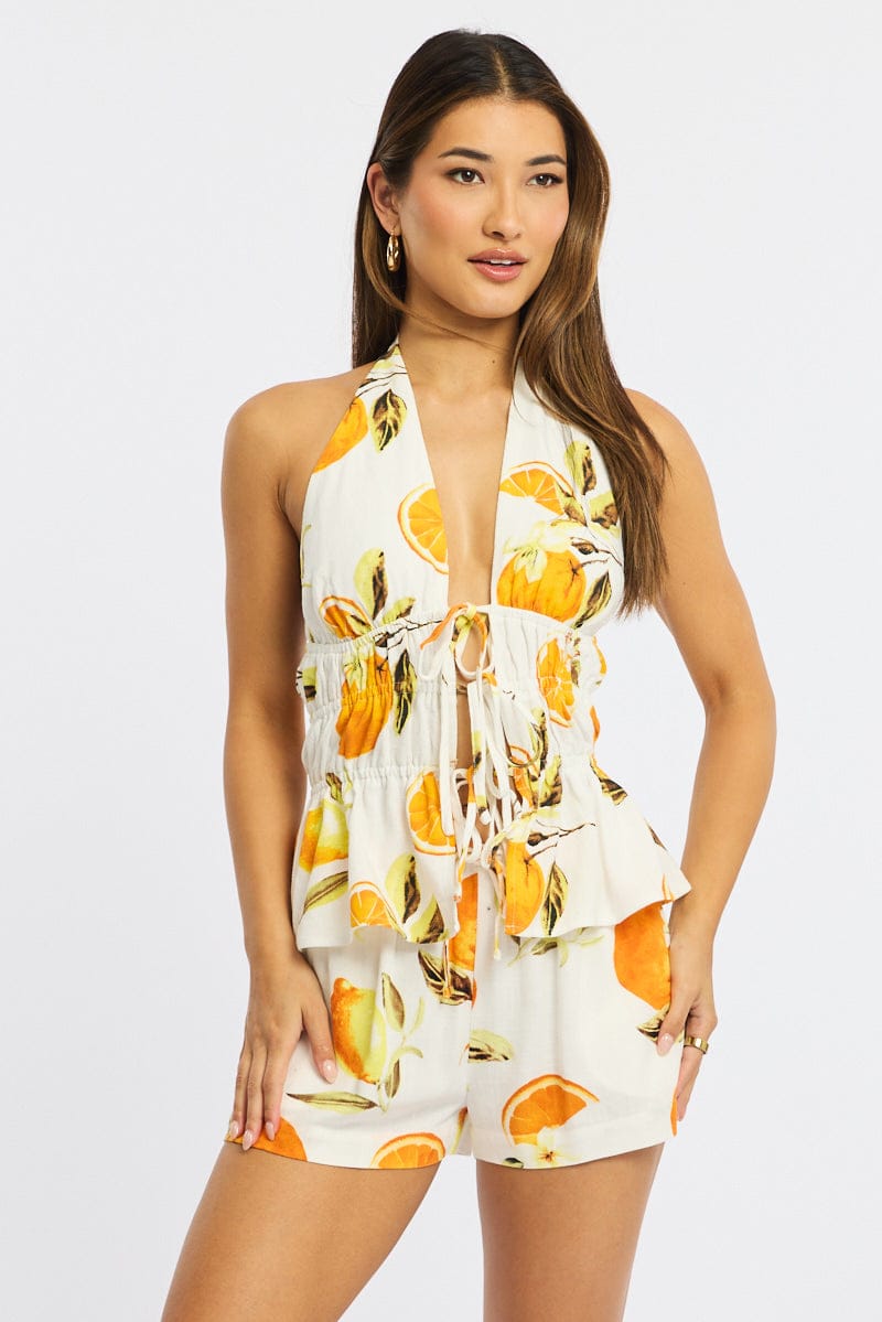Orange Abstract Shorts Mid Rise for Ally Fashion
