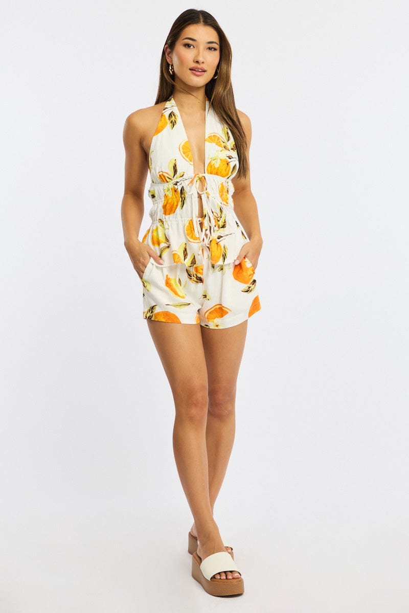 Orange Abstract Shorts Mid Rise for Ally Fashion