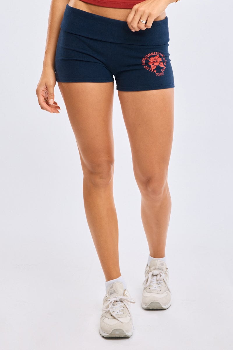 Blue Biker Shorts Folded Waist for Ally Fashion