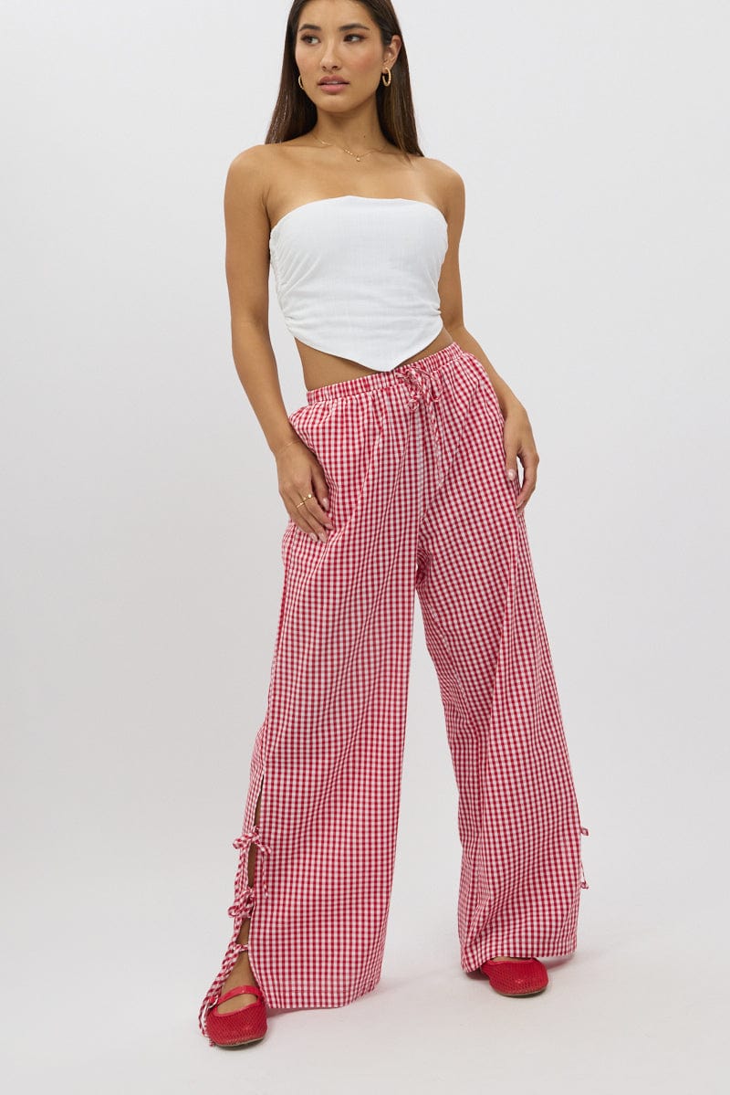 Red Check Wide Leg Pants Side Ribbon for Ally Fashion