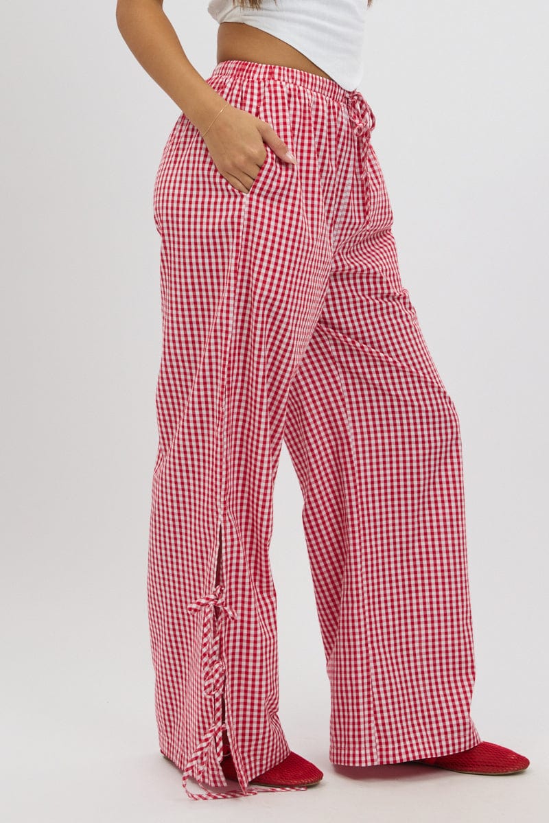 Red Check Wide Leg Pants Side Ribbon for Ally Fashion