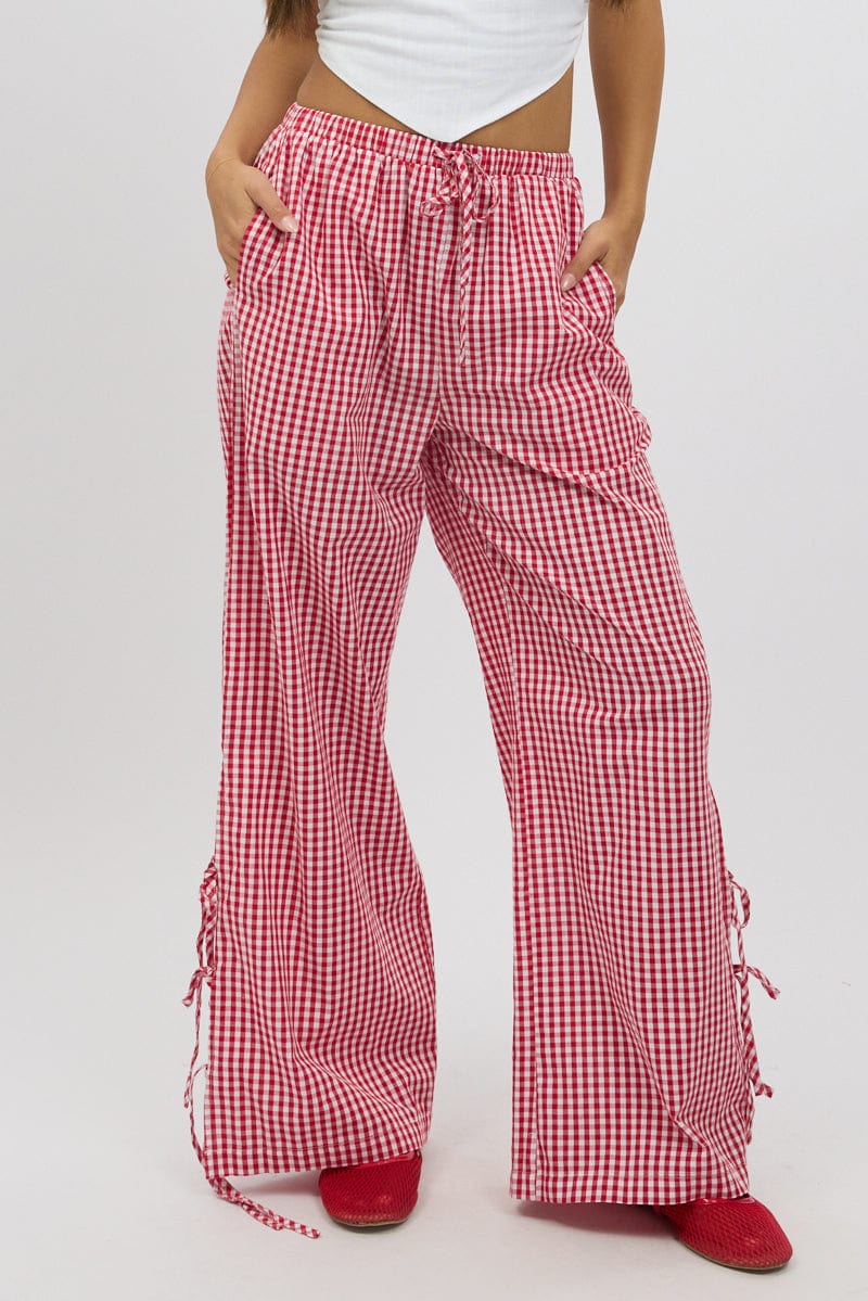 Red Check Wide Leg Pants Side Ribbon for Ally Fashion