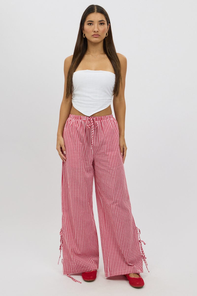 Red Check Wide Leg Pants Side Ribbon for Ally Fashion