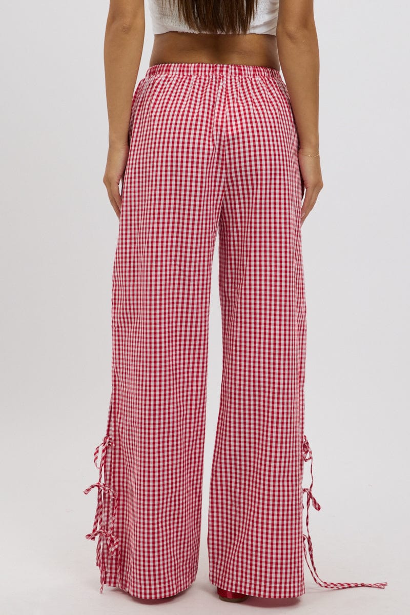 Red Check Wide Leg Pants Side Ribbon for Ally Fashion