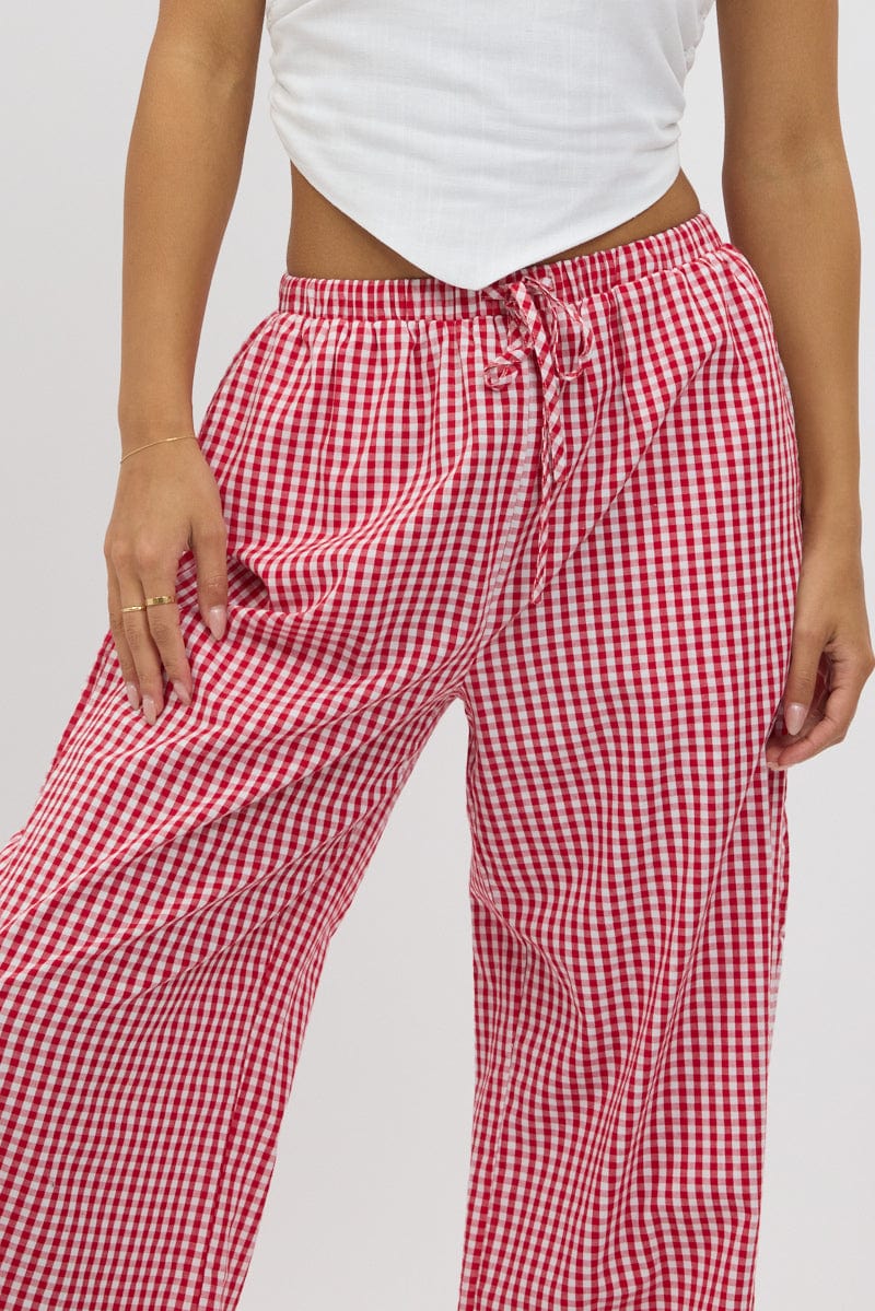 Red Check Wide Leg Pants Side Ribbon for Ally Fashion