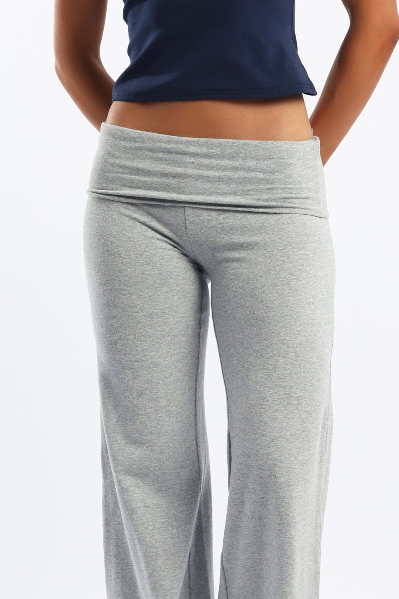 Grey Wide Leg Pants Folded Waist Jersey for Ally Fashion