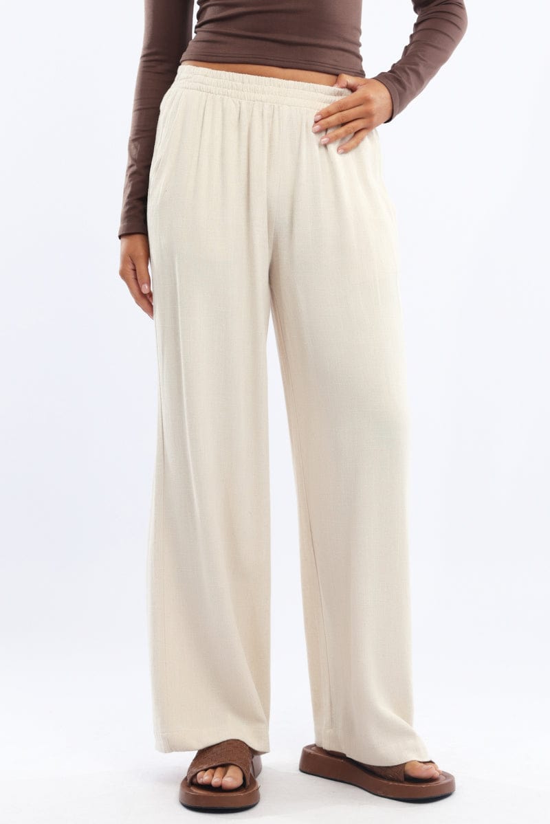 Beige Wide Leg Pants Elasticated Waist