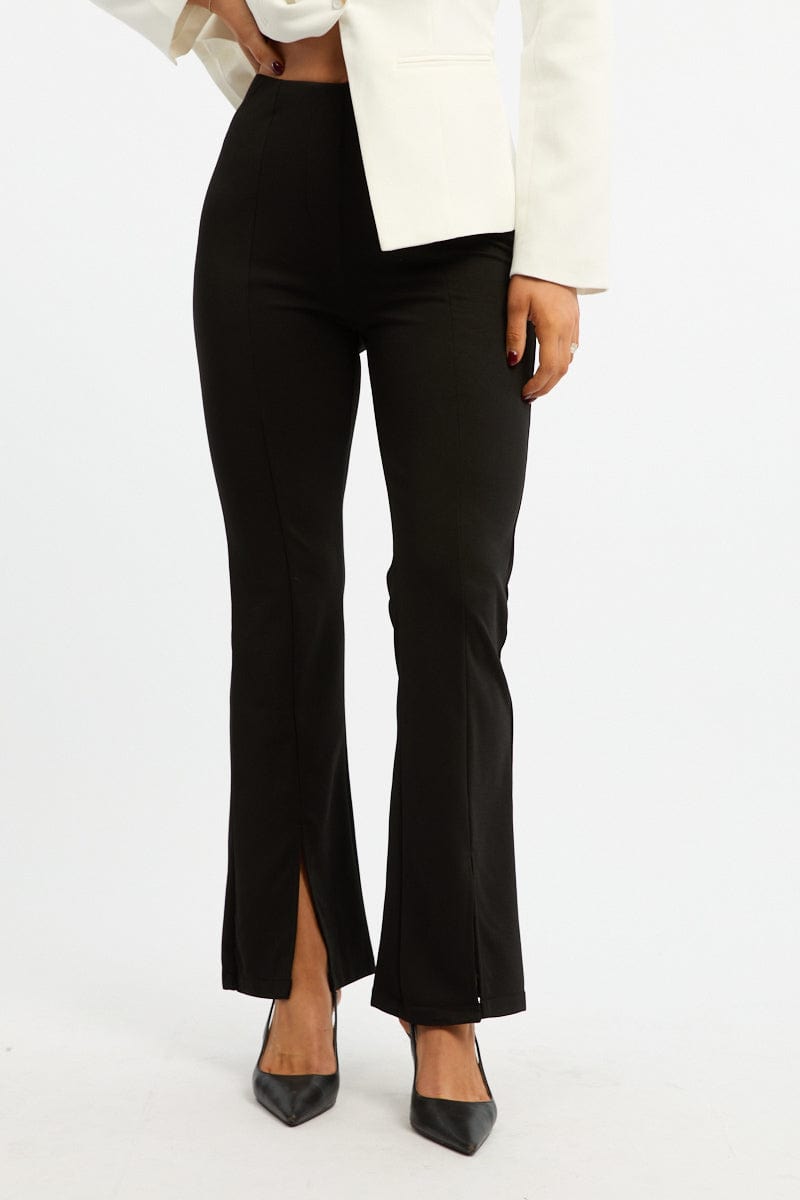 Black Flare Leg Pants Front Split for Ally Fashion