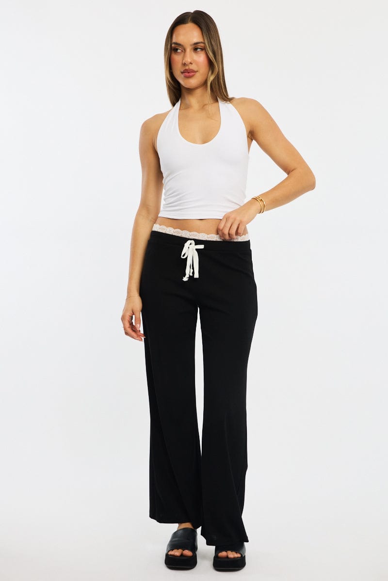 Black Wide Leg Pants Lace Trim for Ally Fashion