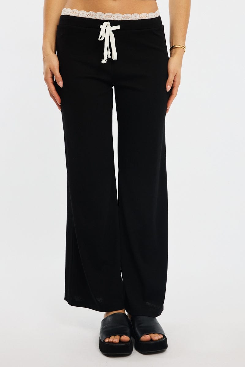 Black Wide Leg Pants Lace Trim for Ally Fashion