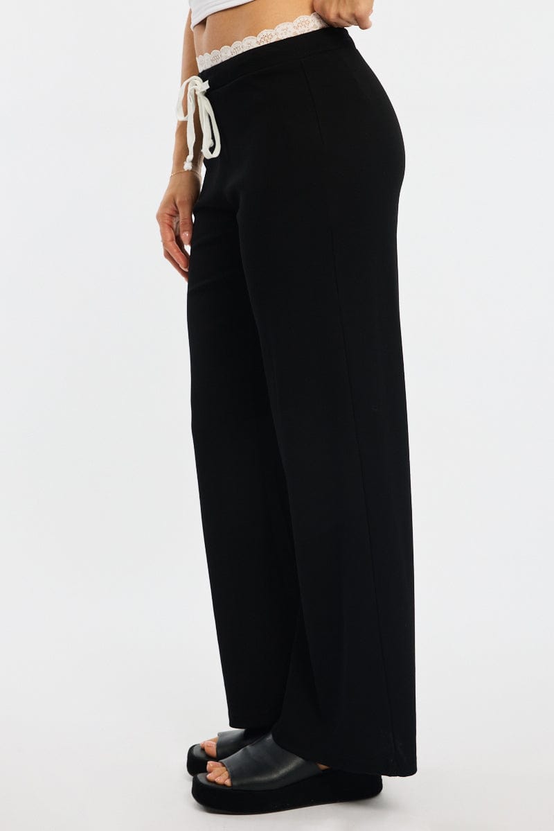 Black Wide Leg Pants Lace Trim for Ally Fashion