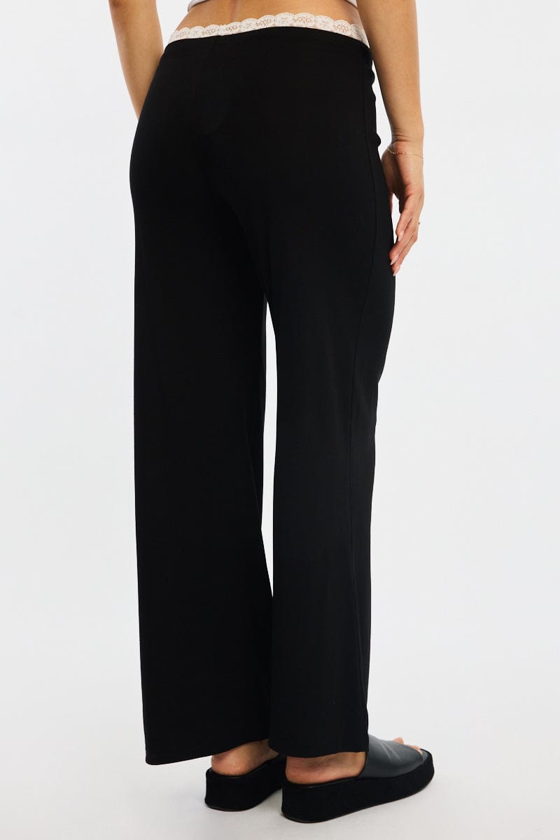 Black Wide Leg Pants Lace Trim for Ally Fashion