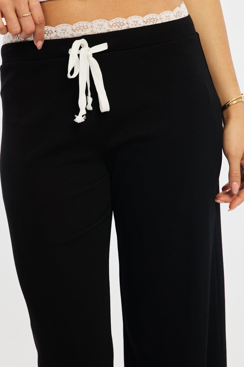 Black Wide Leg Pants Lace Trim for Ally Fashion