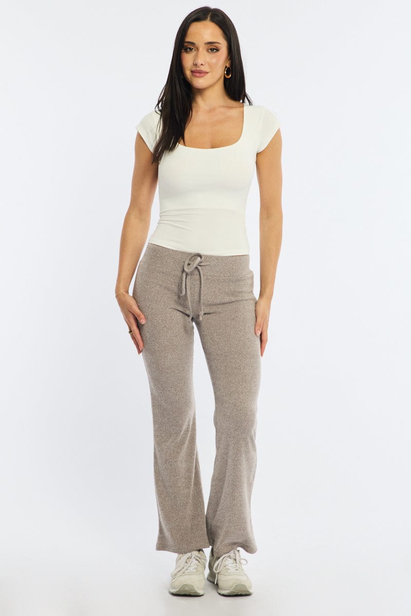 Beige Flare Leg Pants Elasticated Waist for Ally Fashion