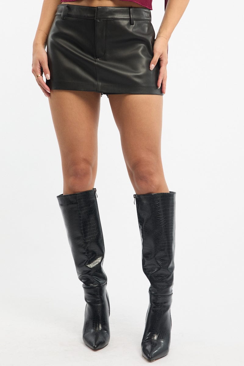 Black Skort Low Rise Faux Leather for Ally Fashion