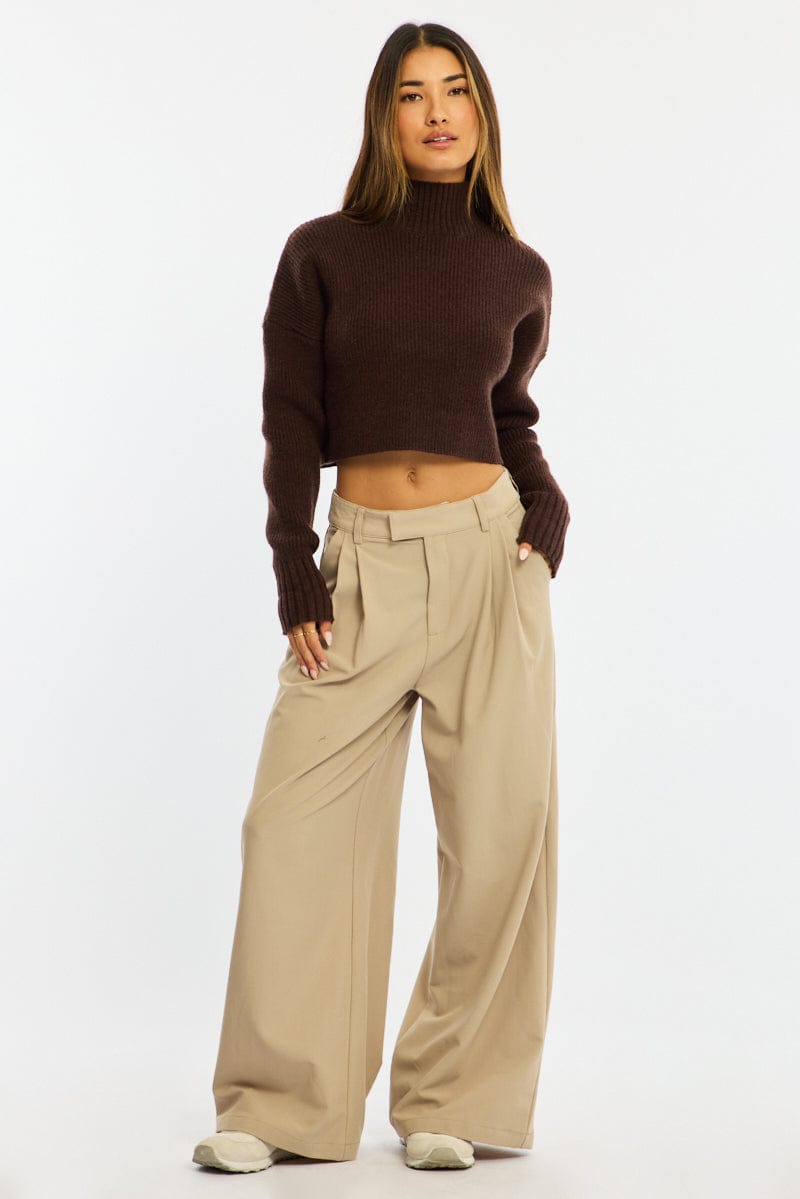 Beige Wide Leg Pants Mid Rise Tailoring