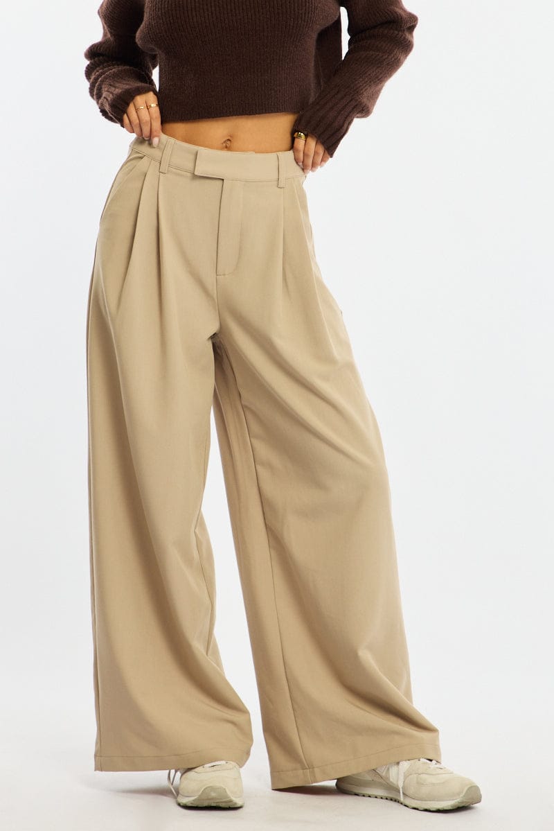 Beige Wide Leg Pants Mid Rise Tailoring