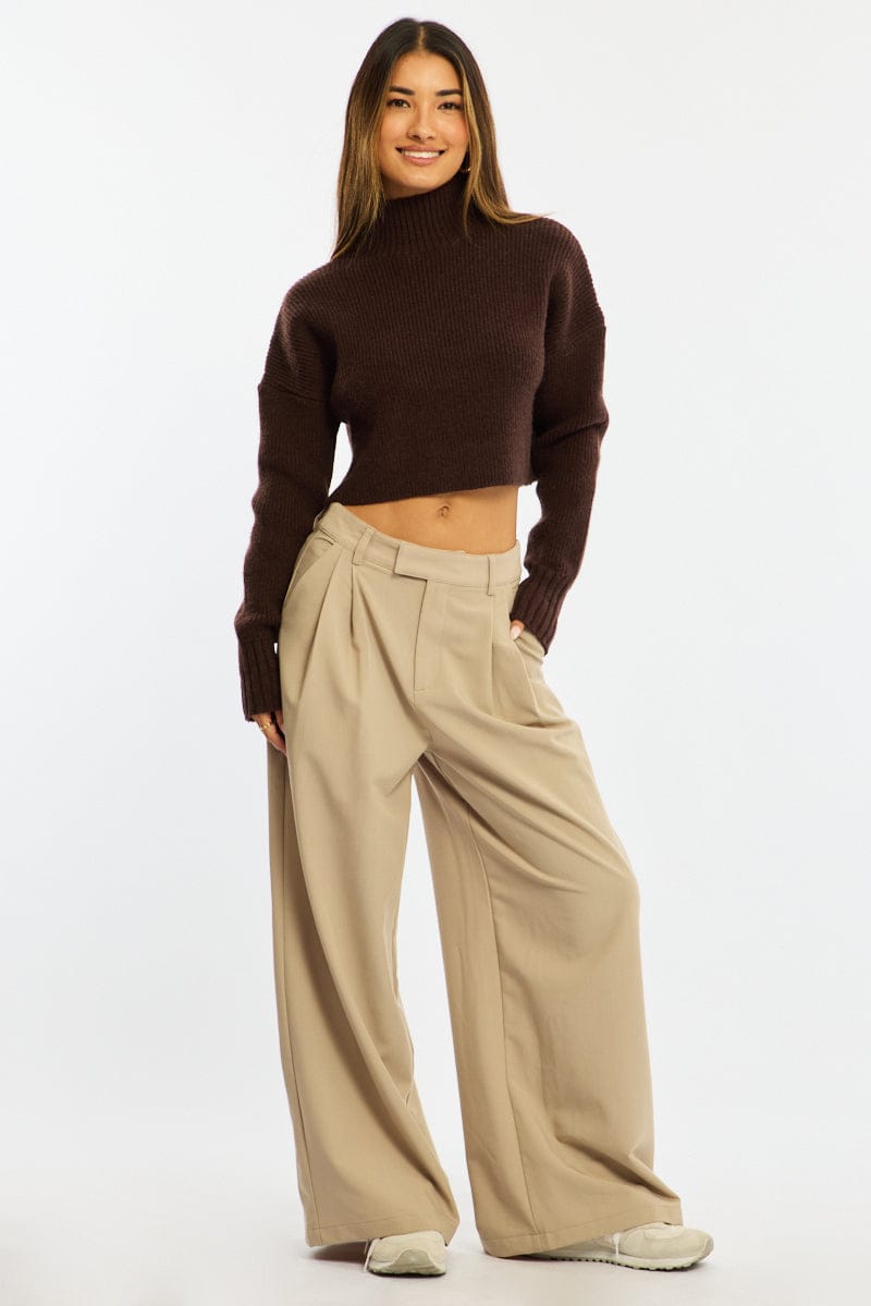 Beige Wide Leg Pants Mid Rise Tailoring for Ally Fashion