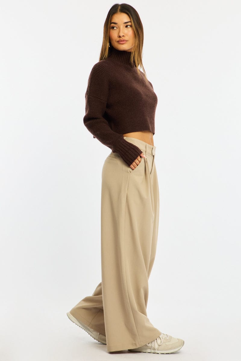 Beige Wide Leg Pants Mid Rise Tailoring for Ally Fashion