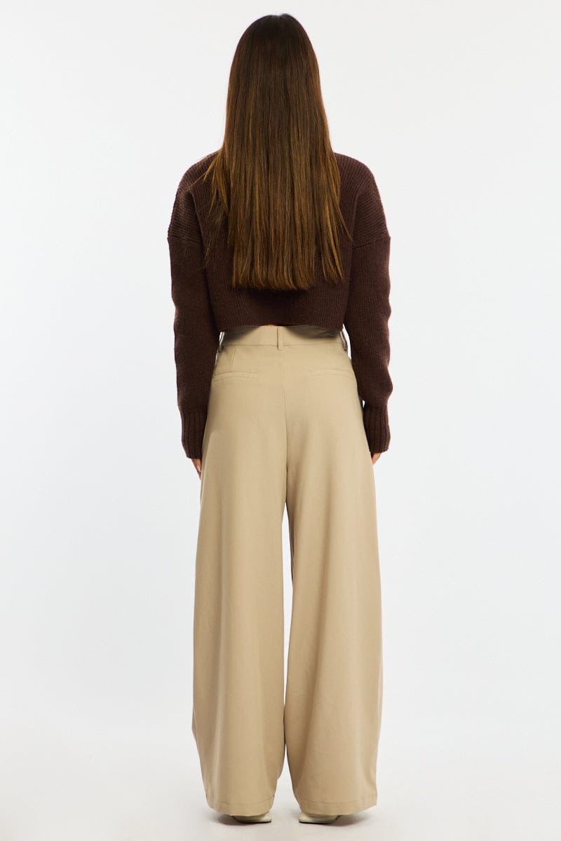 Beige Wide Leg Pants Mid Rise Tailoring for Ally Fashion